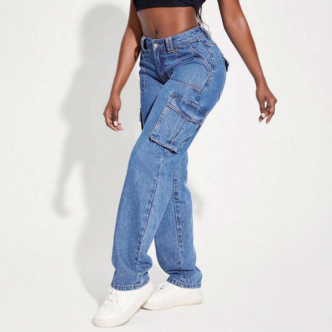 Dame cargo jeans med elastisk midjebånd og innovativt design