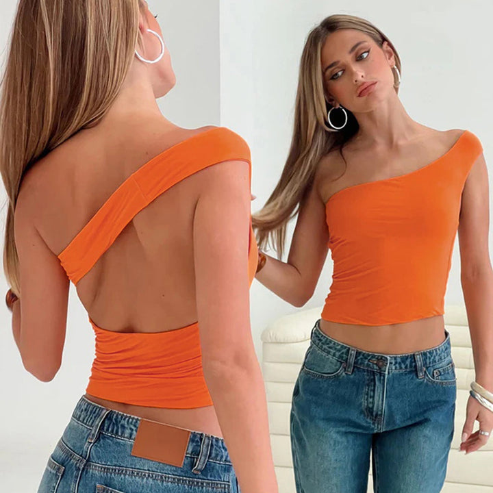 Dame trendy halterneck-top med elegant V-hals og figurskapende snitt Skjora