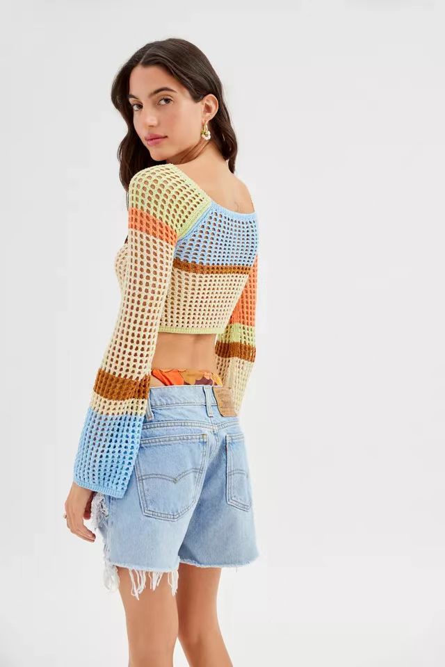 Damer heklet Crop-Top med vide ermer og fargerike striper Skjora