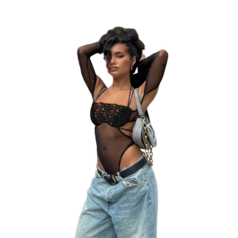 Dame one-piece bodysuit med elegant spissdekorasjon og transparent utseende Skjora
