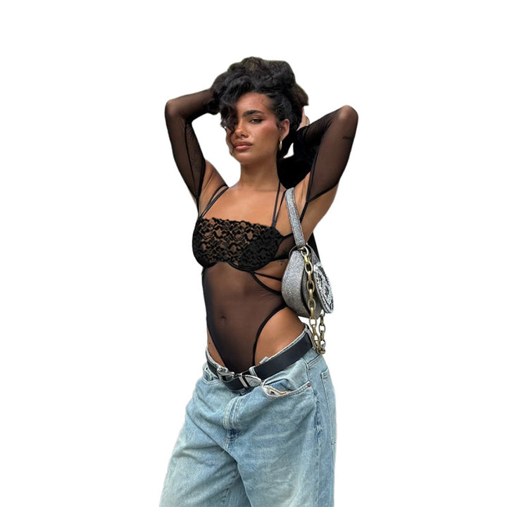 Dame one-piece bodysuit med elegant spissdekorasjon og transparent utseende Skjora