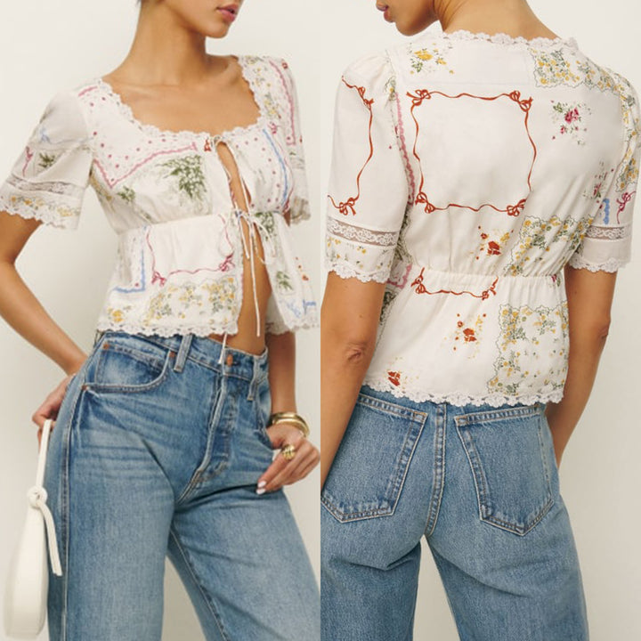 Dame bluse topp med florale aksenter og spiss dekorasjoner Skjora