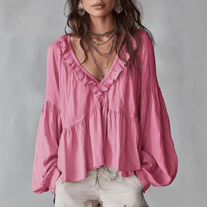 Women's Flowy Top with Ruched Detail and V-Neck Skirt
