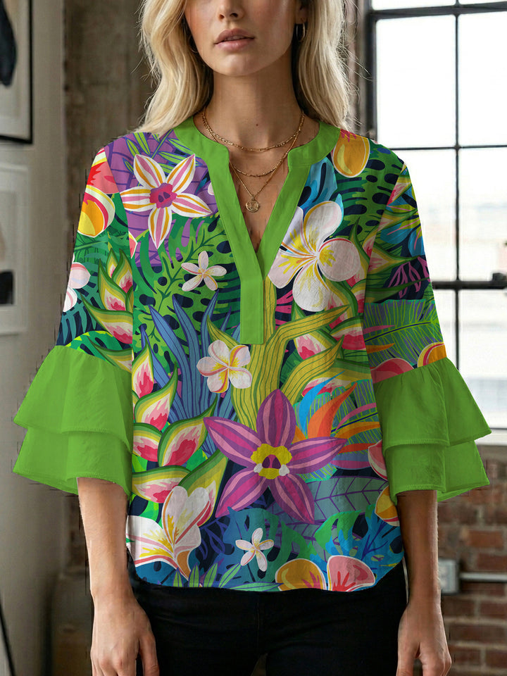 Dame bluse skjorte med voluminøse ermer og blomster mønster Skjora