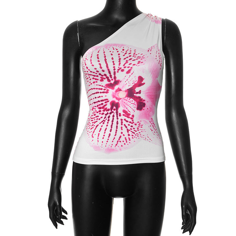 Dame asymmetrisk stroppet skjorte med blomstertrykkdesign Skjora