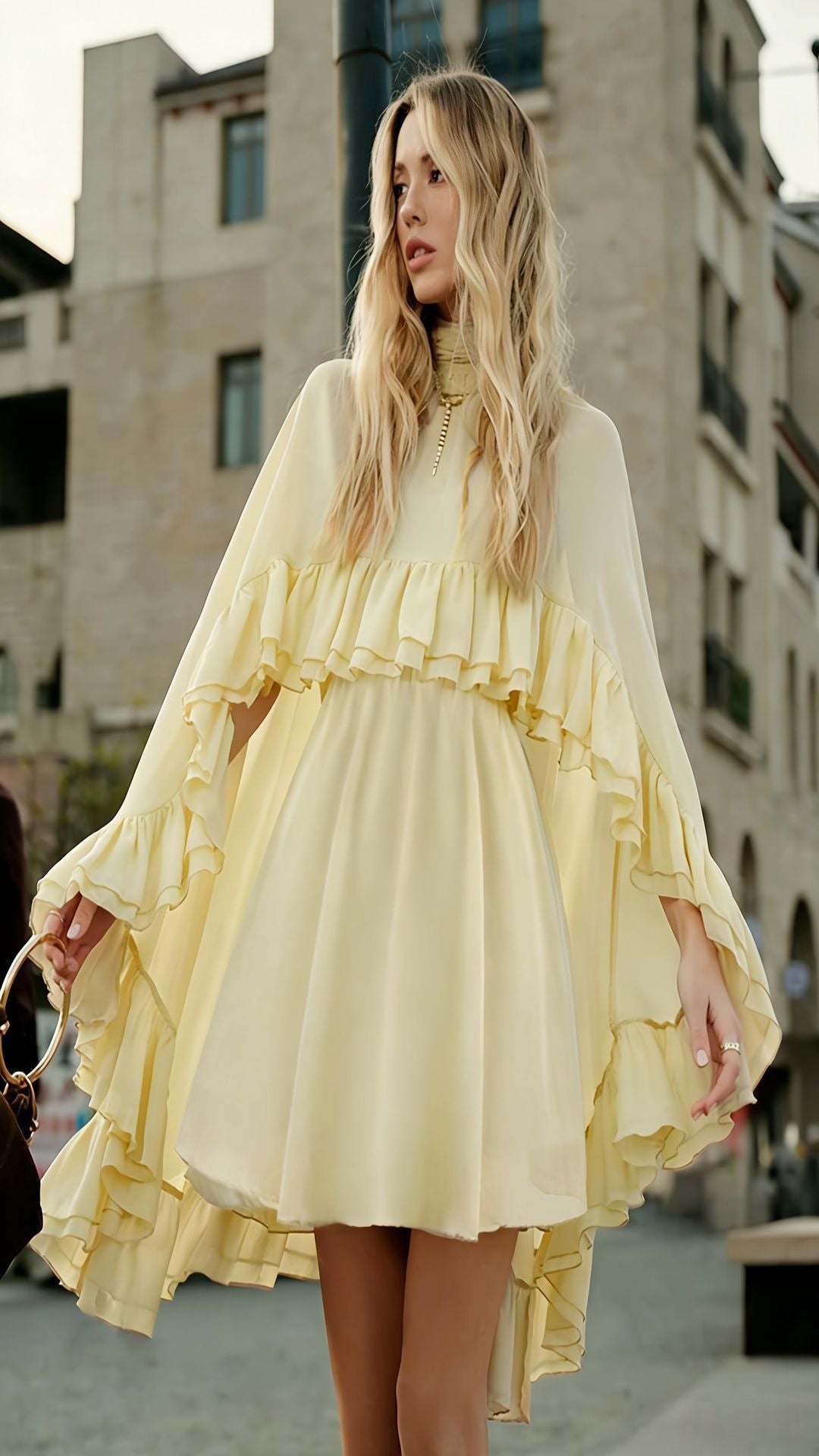 Dame Elegant rynkedress med høy hals og flytende snitt Skjora