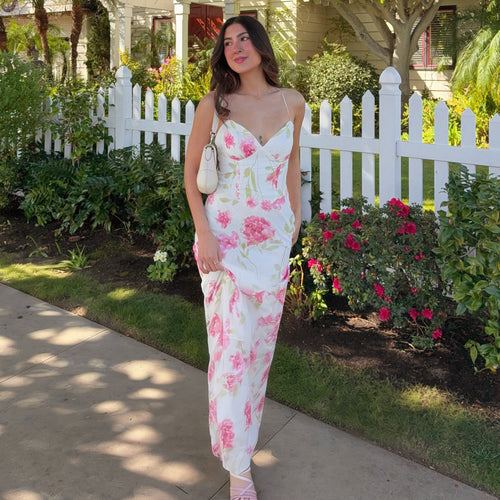 Elegant women's maxi dress with delicate floral design and spaghetti straps Skjora