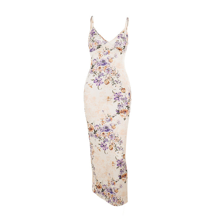 Kvinne maxi kjole med blomstermotiv og dyp V-hals