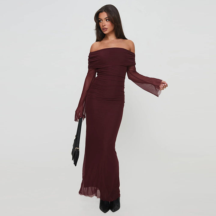 Kvinners Off-Shoulder Kvelds Kjole med Rynket Design og Lange Ermer Skjora