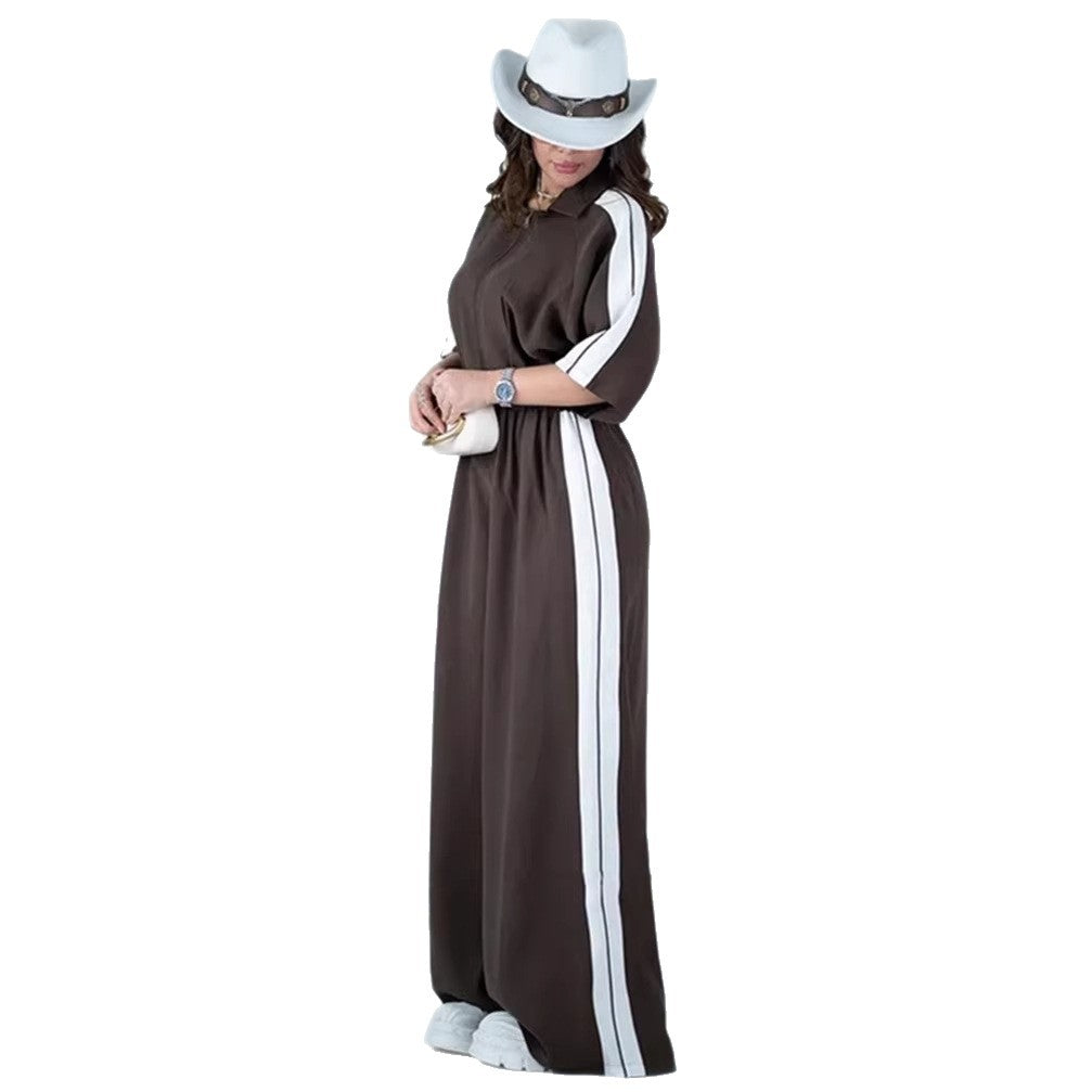 Kvinnenes lange jumpsuit med belte og kontraststriper