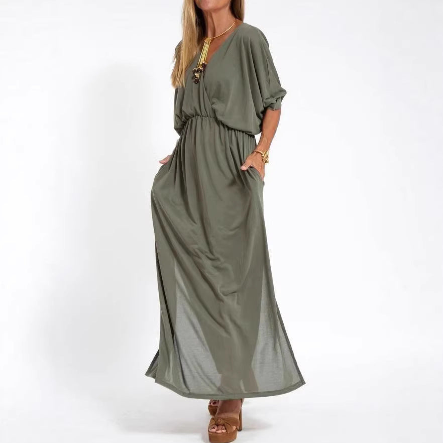 Kvinne elegant maxi kjole med sidesplit og fleksibel midje Skjora