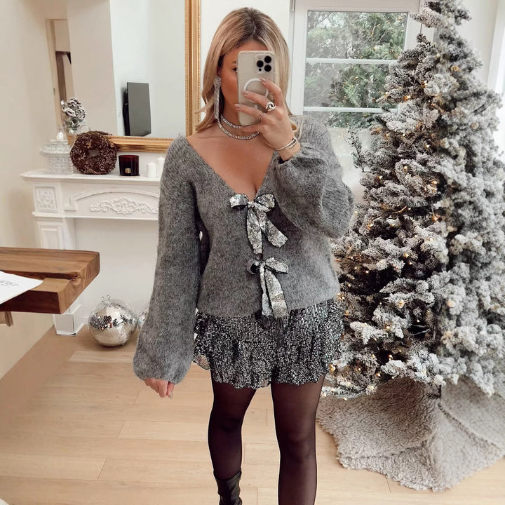 Kvinners Løs Strikket Cardigan med Elegante Sløyfedetaljer Skjora