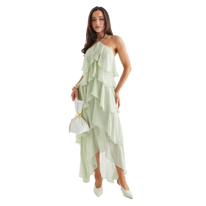 Kvinnes Airy Chiffon Maxi Kjole med Volangdetaljer og Elegant Halterneck Skjora