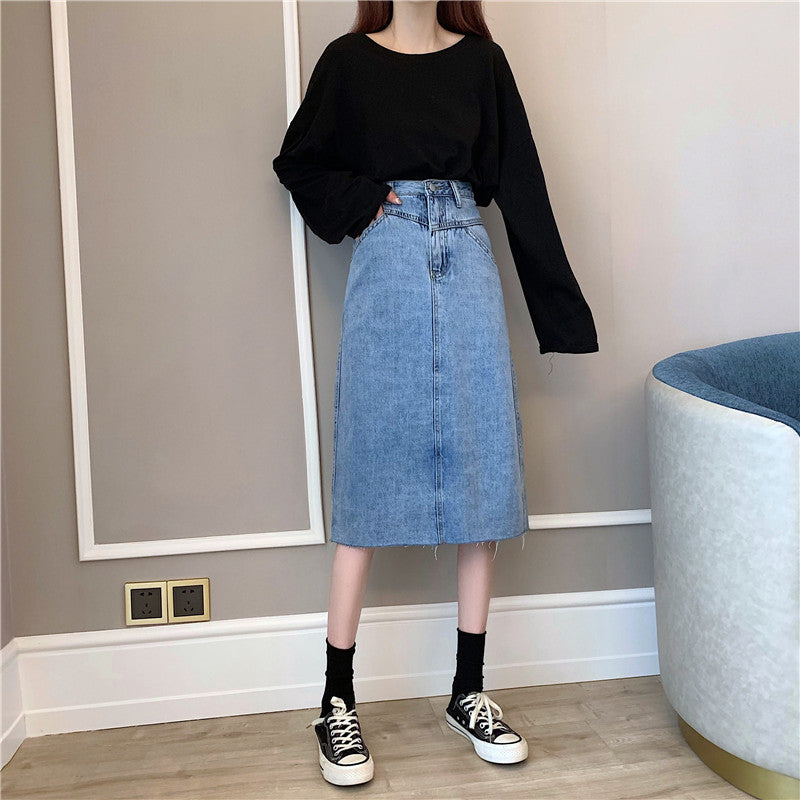 Damer Midi Denim skjørt med ujevn kant Skjora