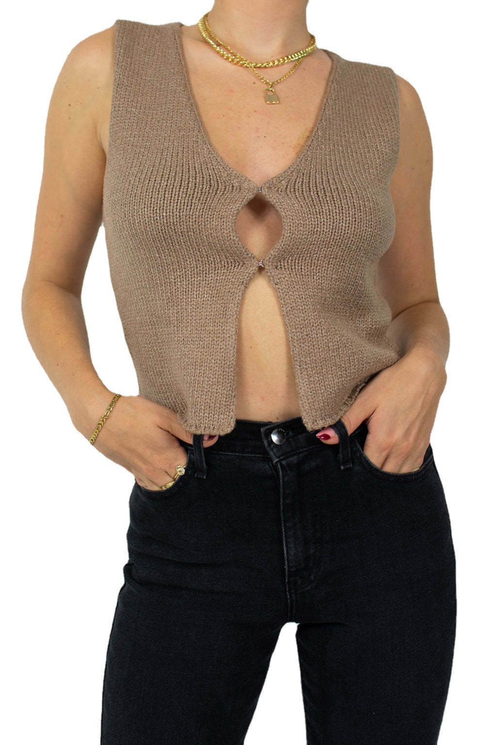 Dame strikket Cropped Top med stilig V-hals og dekorativ nøkkellås Skjora