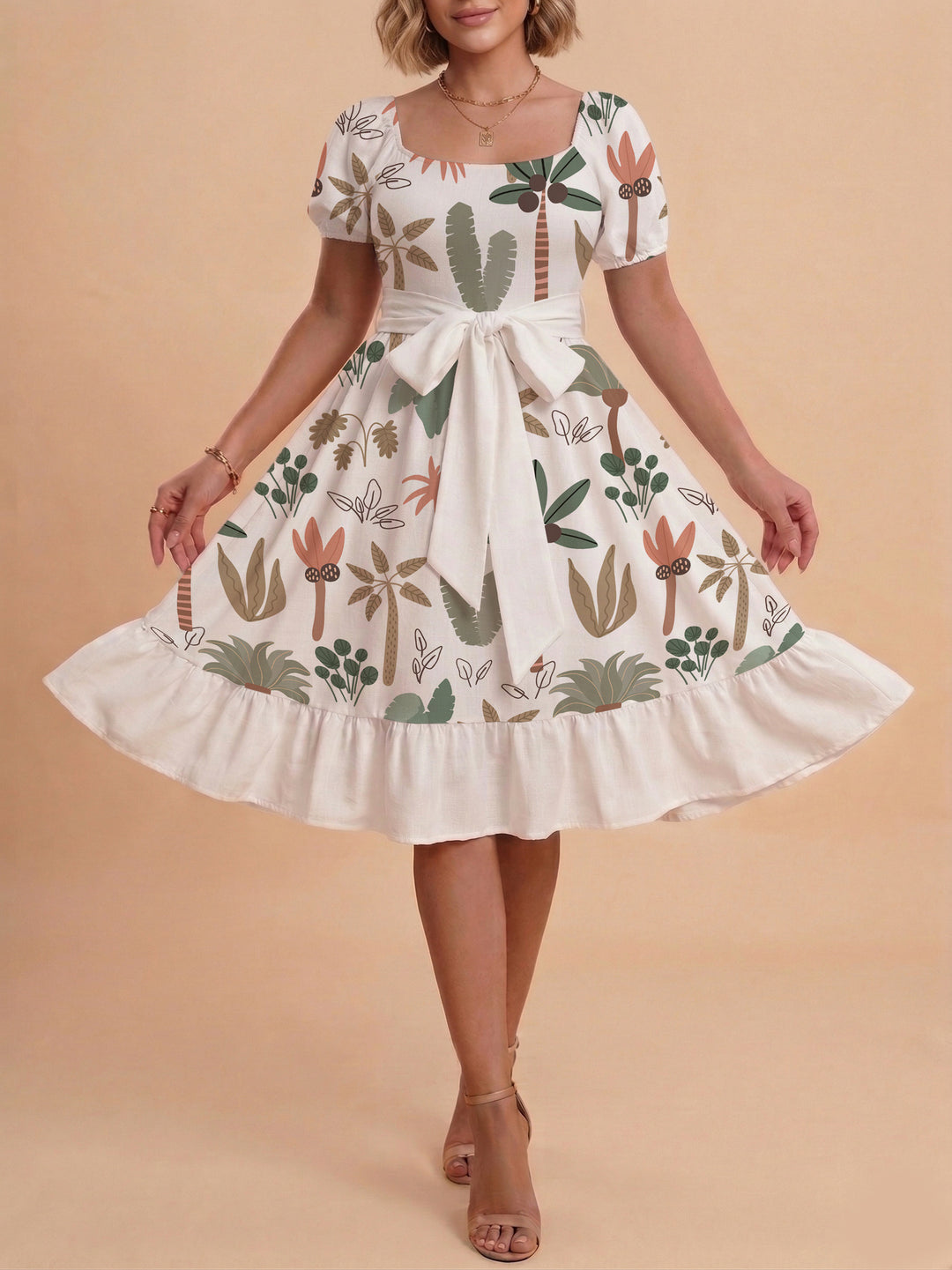 Damen Sommerliches Blumenkleid mit taillierbarem Gürtel und voluminösen Ärmeln Skjora