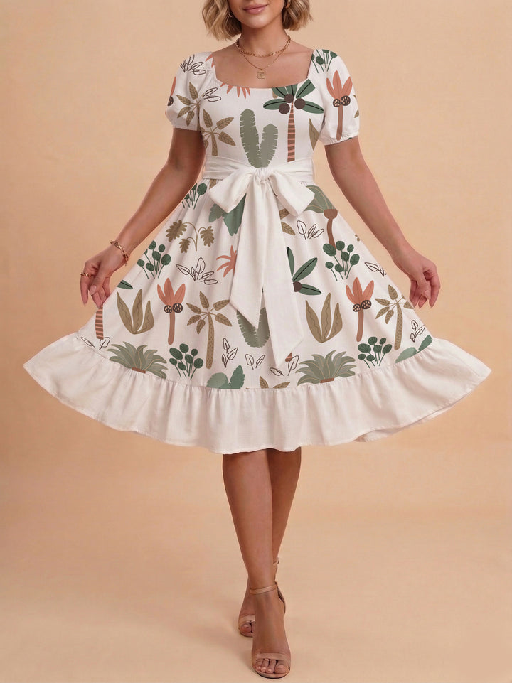 Damen Sommerliches Blumenkleid mit taillierbarem Gürtel und voluminösen Ärmeln Skjora
