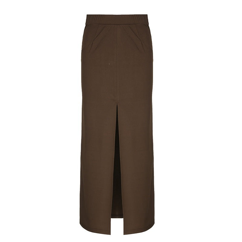 Dame Elegant Midi-skjørt med sideslitt og elastisk liv Skjora
