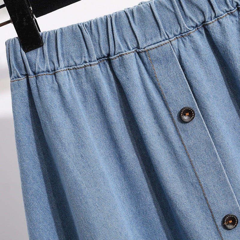 Women's Long Denim Skirt with Decorative Snap Buttons Skirt