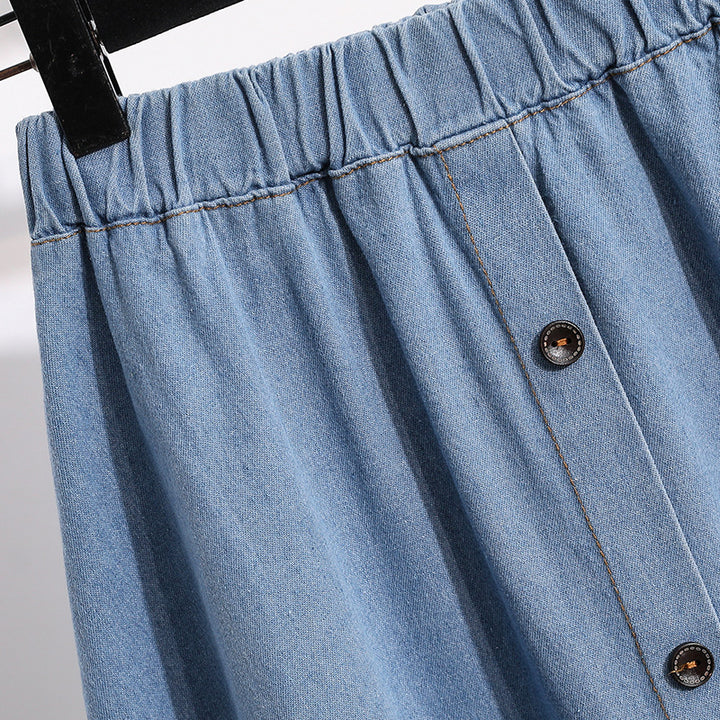 Women's Long Denim Skirt with Decorative Snap Buttons Skirt