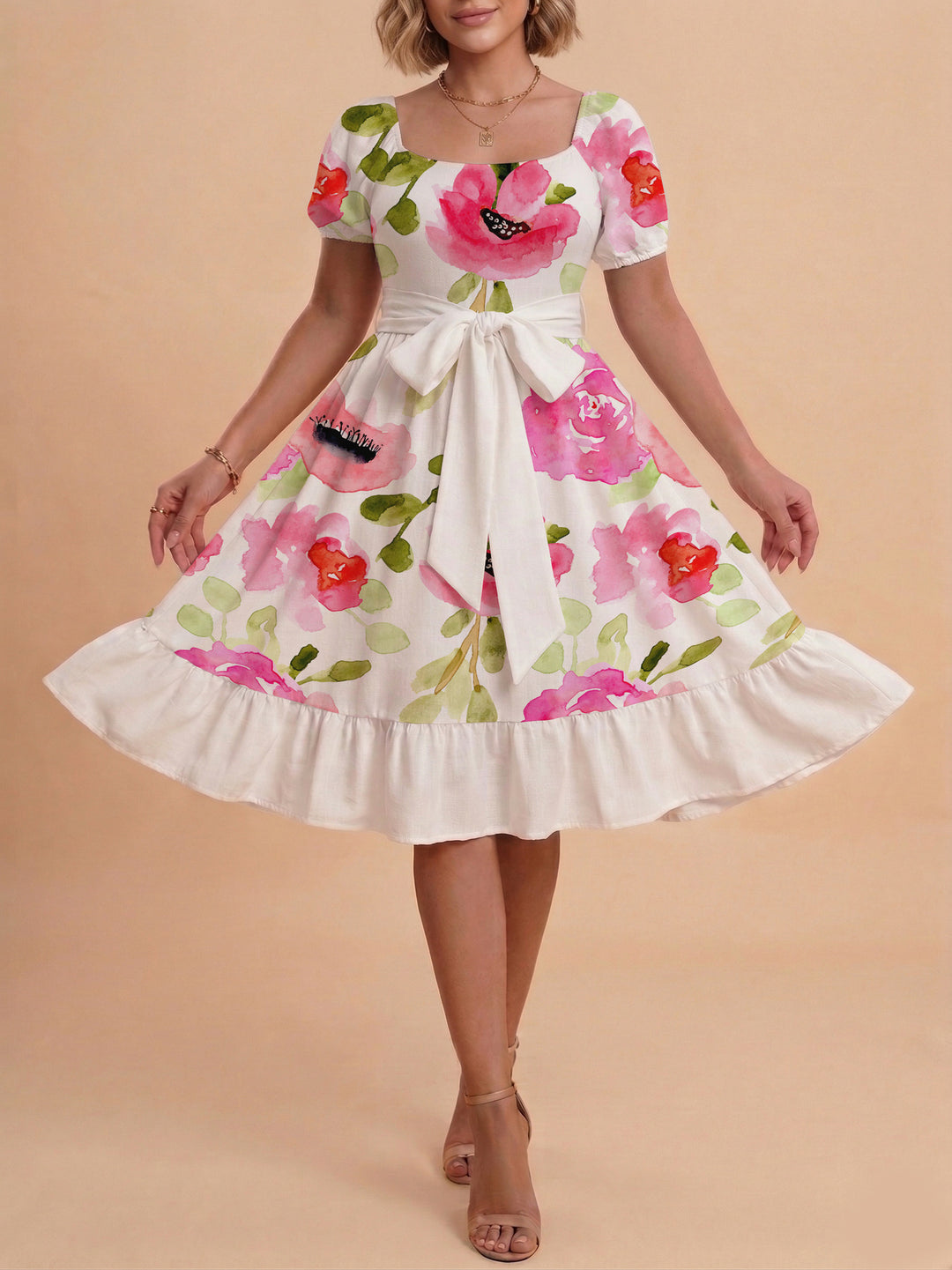 Damen Sommerliches Blumenkleid mit taillierbarem Gürtel und voluminösen Ärmeln Skjora
