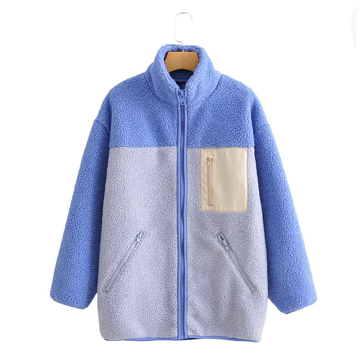 Kvinnes Fluffy Fleece Jakke med Høy Krage og Glidelås Skjora