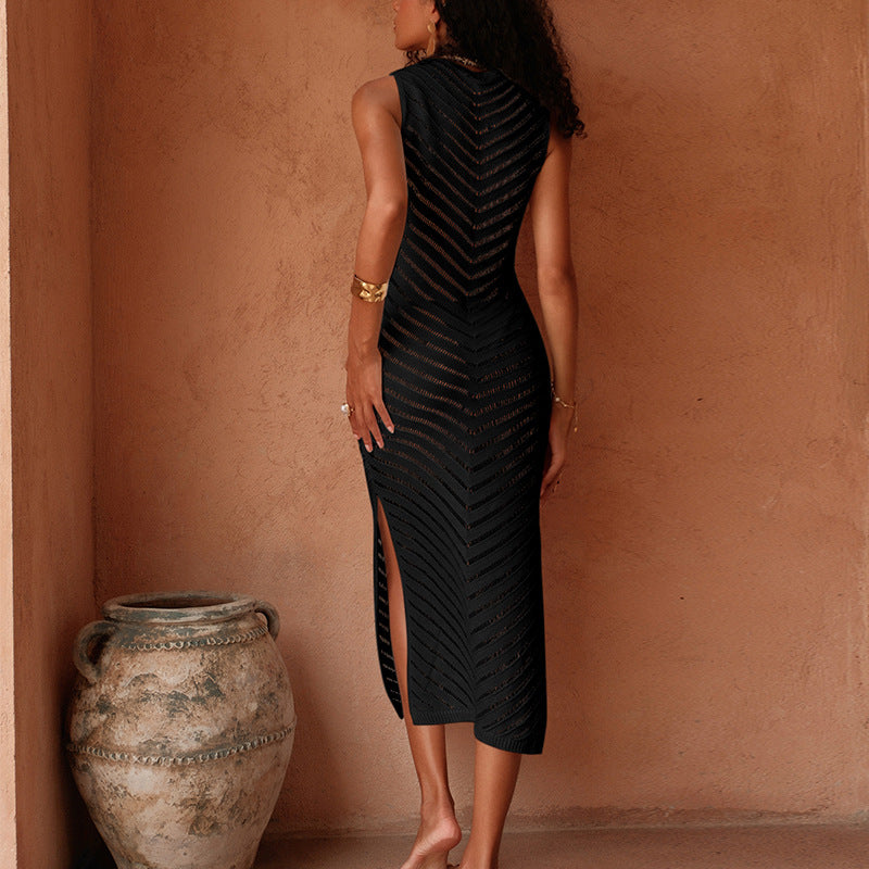 Damen Elegantes Strick-Maxikleid mit asymmetrischem Saum und seitlichem Schlitz Skjora