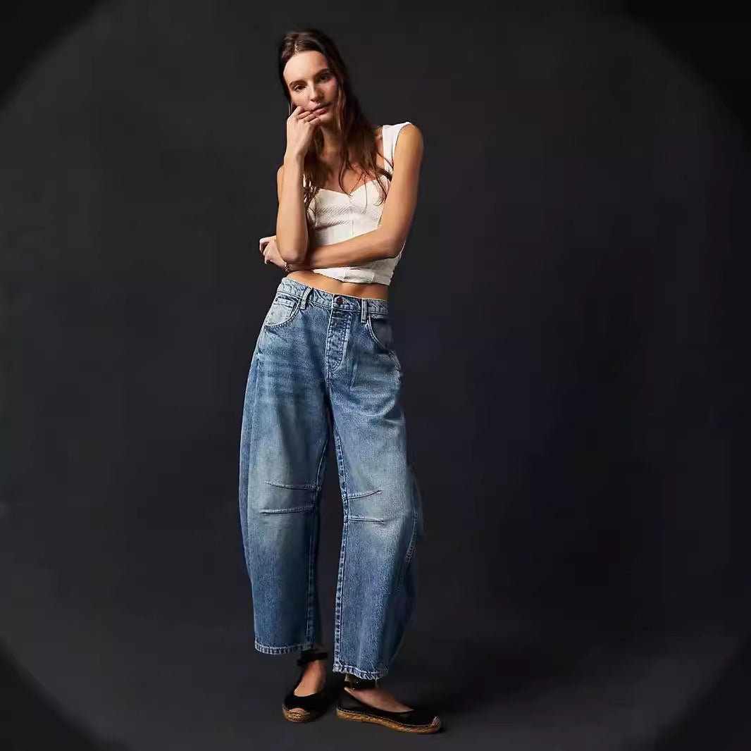 Damer Loose Denim-bukser med høy midje og avslappede detaljer Skjora