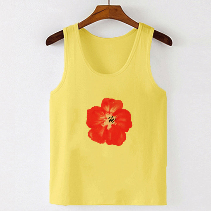 Damer ermeløs topp med blomsterlig hibiskus-motiv Skjora
