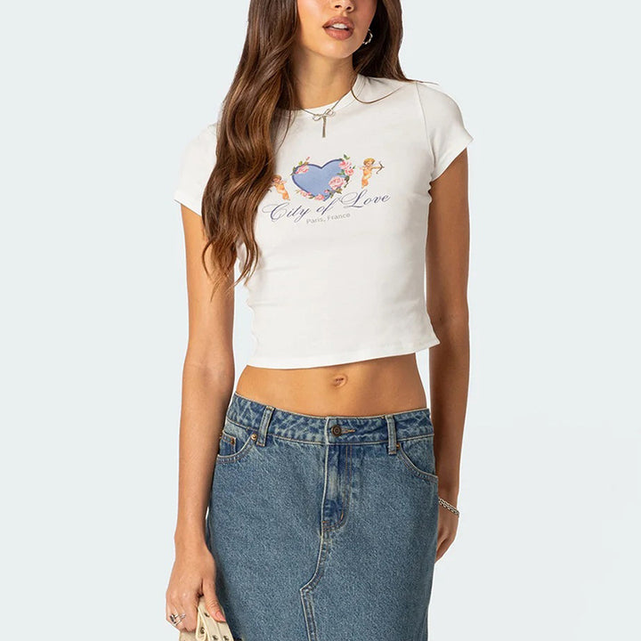 Dame cropped T-skjorte med romantisk hjerte-design Skjora