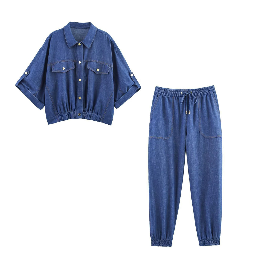 Damer avslappet denim-sett med crop-bluse og elastiske bukser Skjora