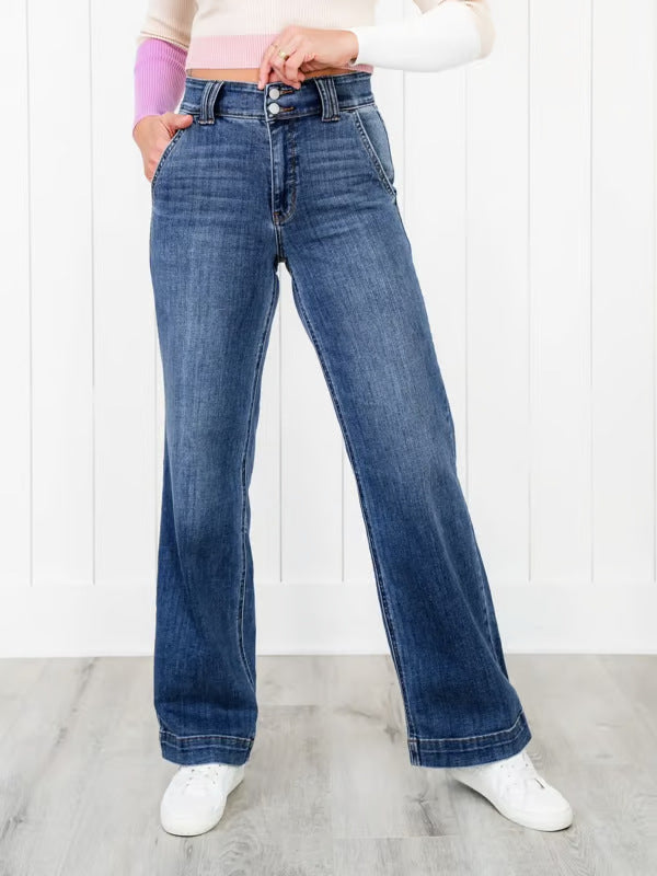 Kvinnelige vide ben jeans med høy midje og elegant sømdesign