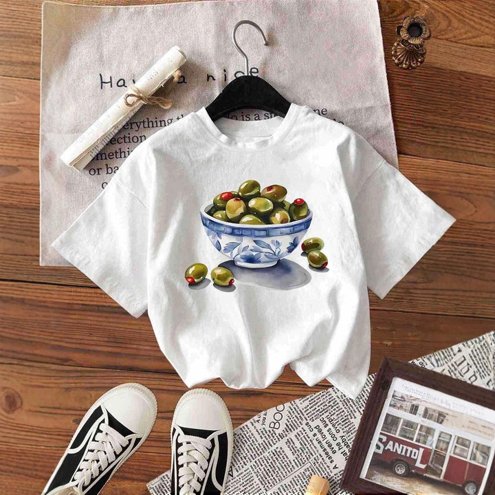 Dame T-skjorte med kreativt olivenmotiv Skjora