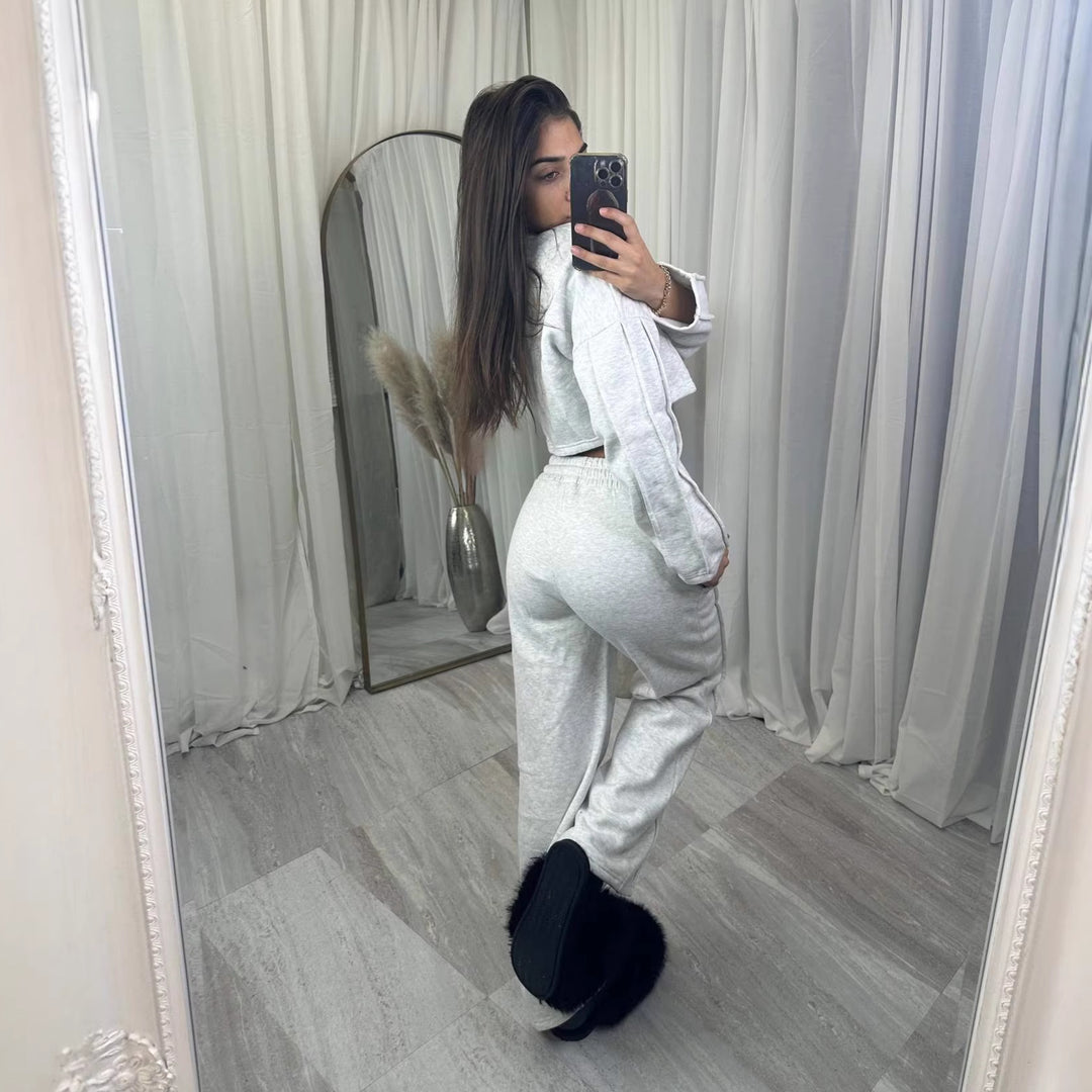 Dame Casual Crop Hoodie og Vid Joggebukse Sett Skjora