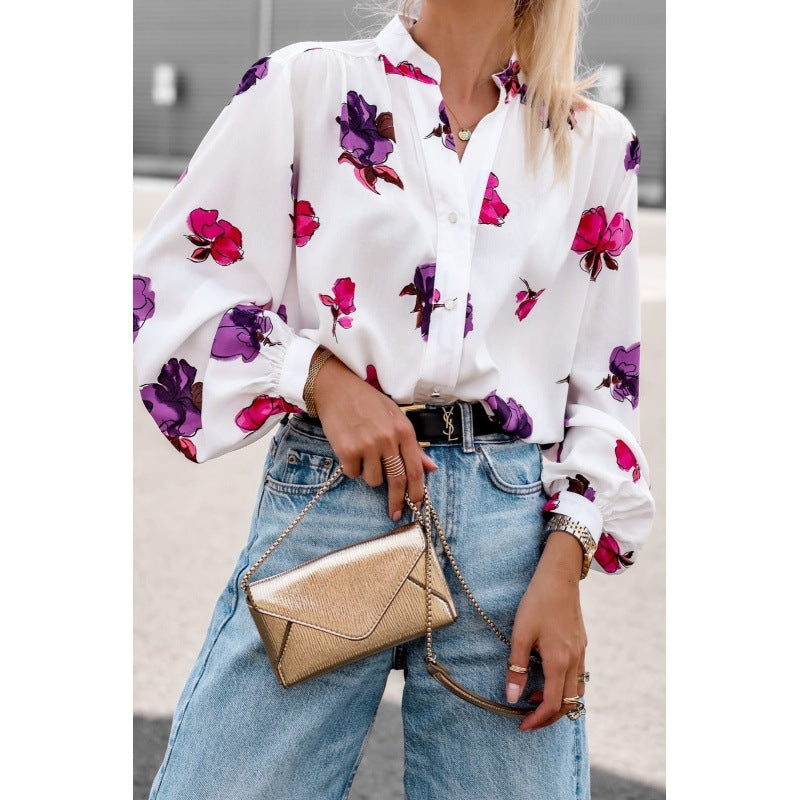 Bluse for kvinner med blomsterdesign og ballongermer Skjora
