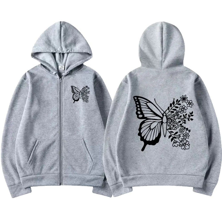 Dame hoodie med blomster sommerfuglmotiv og praktisk kengurulomme Skjora