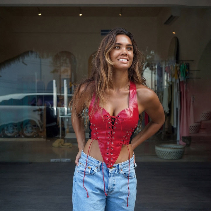 Dame Læder-Corset-Top med snøring og asymmetrisk snitt Skjora