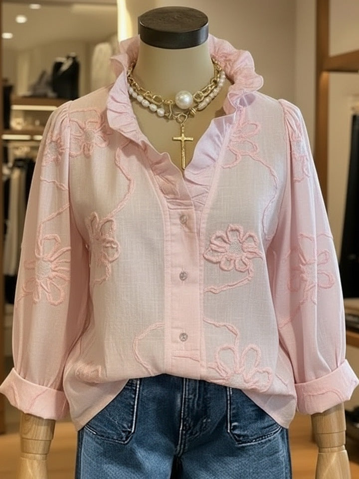 Dame elegant bluse med blomsterbroderier og voluminøse ermer Skjora