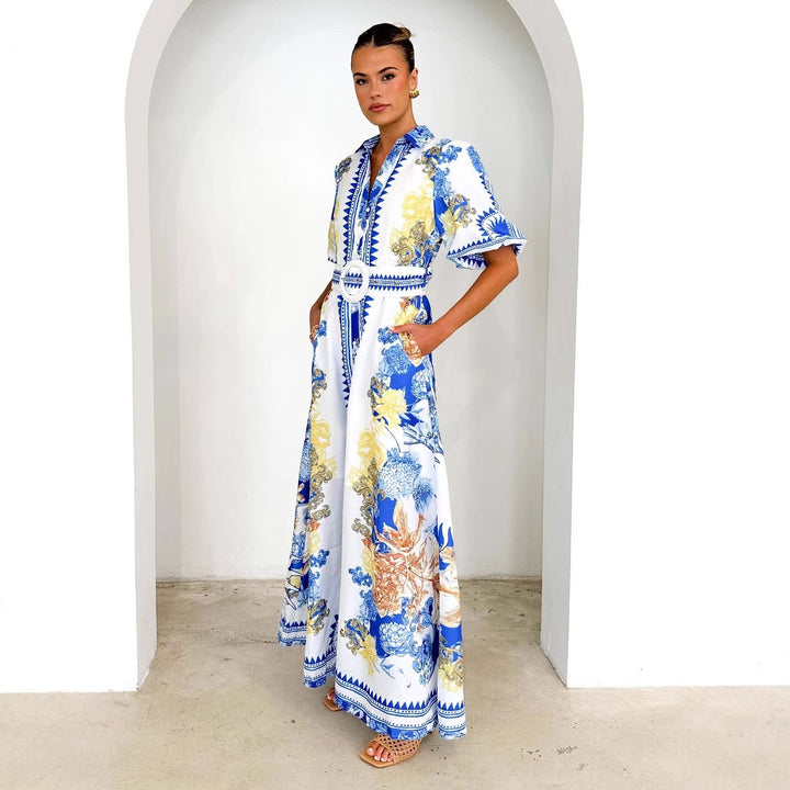 Damer Elegant Maxi Kjole med Blomsterdesign og Splitt Kant Skjora