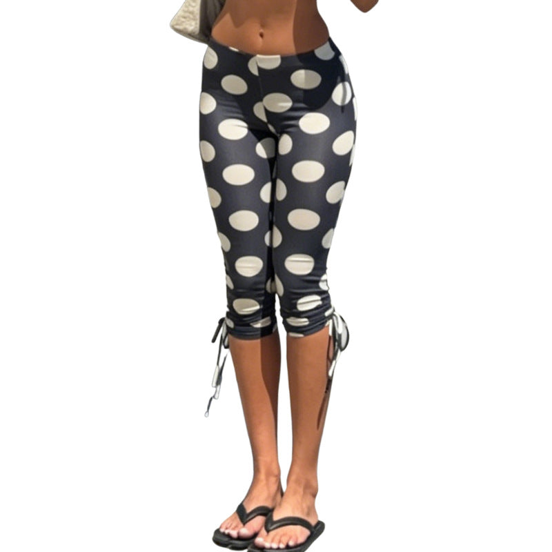 Dame leggings med grafisk prikkedesign og sideløs snøring Skjora
