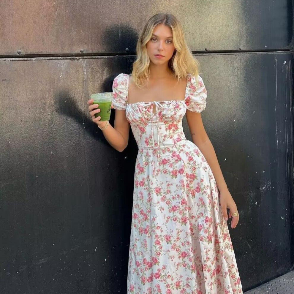 Women's Summer Floral Dress with High Neckline and Puff Sleeves Skjora