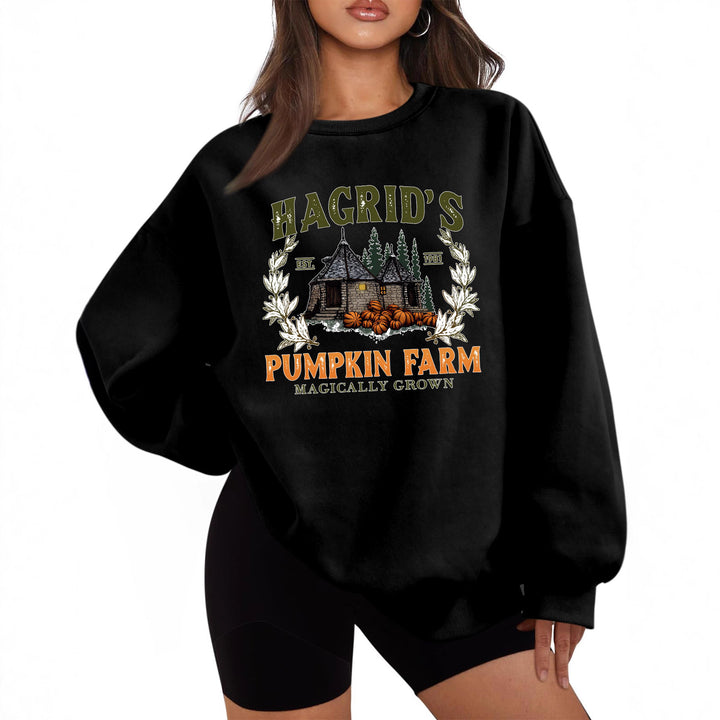 Kvinnes sweatshirts med koselig rund hals og høstgresskarmotiv Skjora