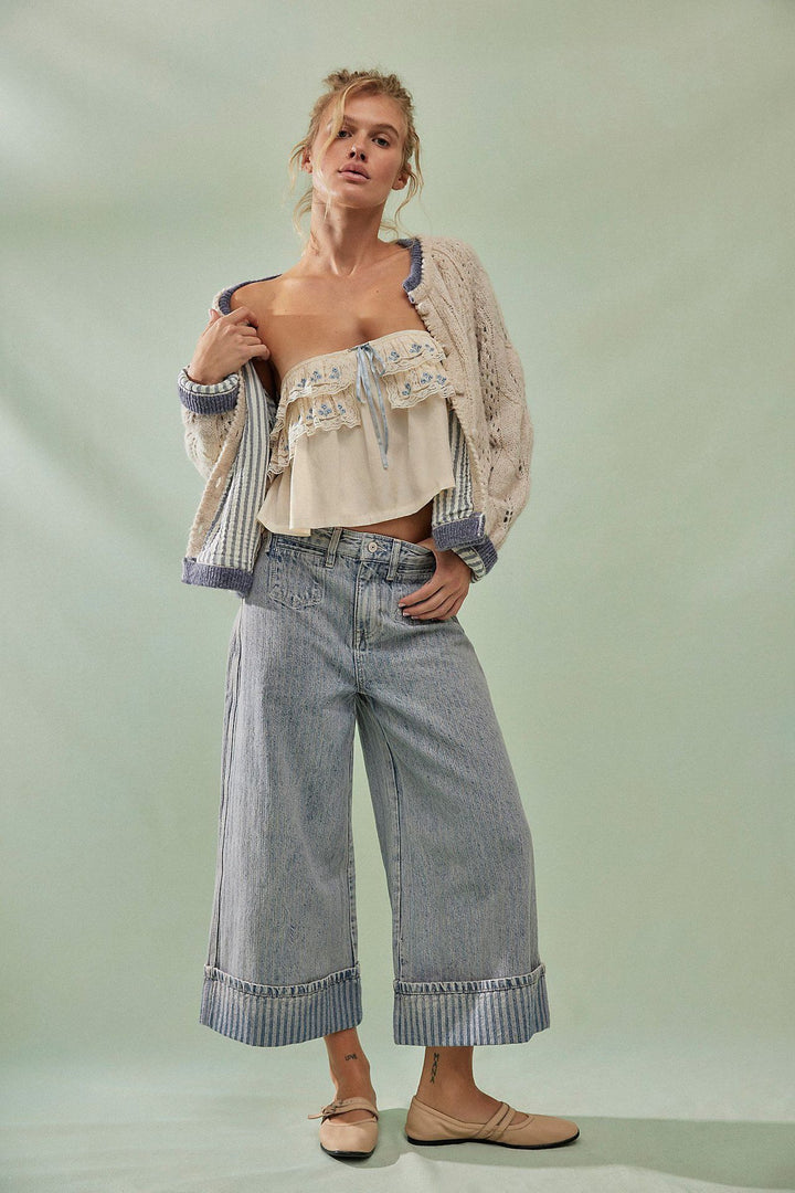 Damer Elegante vidt skårne jeans med påsydd striper Skjora
