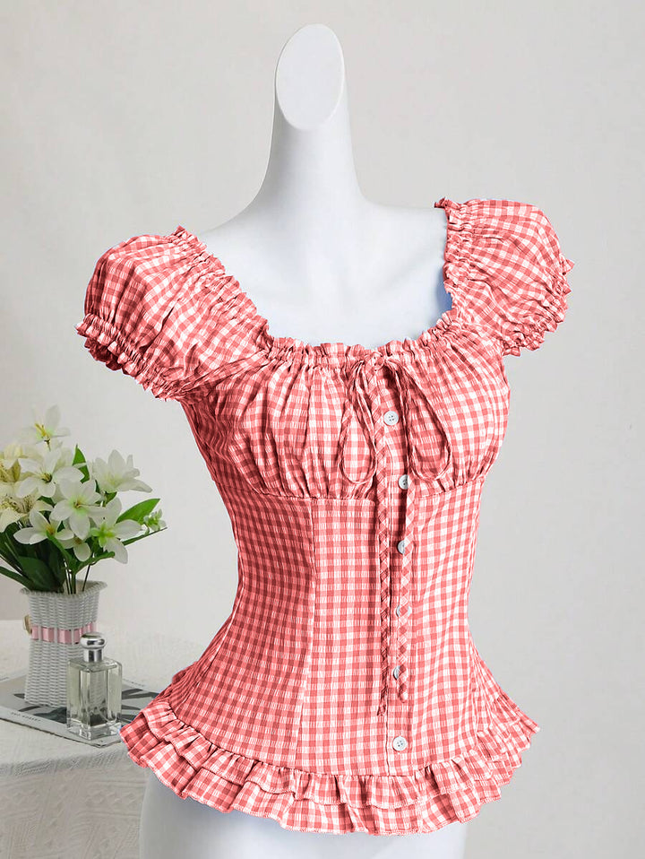 Dame ruffled topp i rutete design med knappdetaljer og elastisk fald Skjora