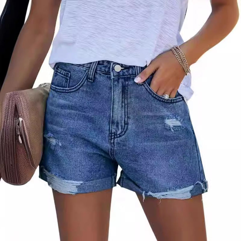 Dame Sommerlige Ødelagte Jeansshorts med opslået kant Skjora