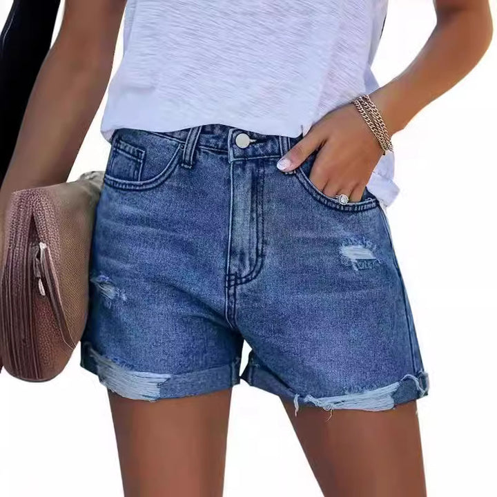 Dame Sommerlige Ødelagte Jeansshorts med opslået kant Skjora