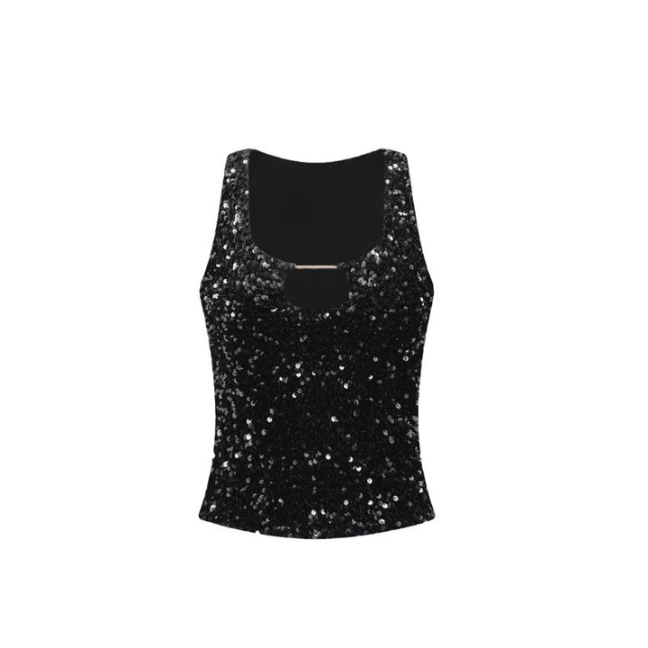 Kvinne Glitterende Crop Top med Skinnende Effekt og U-formet Utringning Skjora
