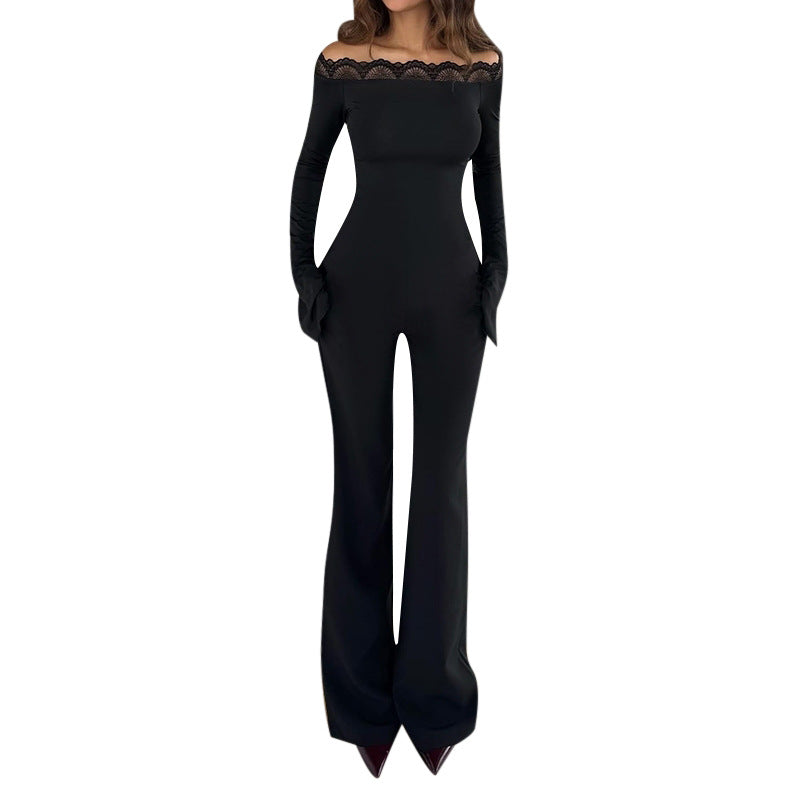 Damer elegant Off-Shoulder jumpsuit med blonder detaljer og utsvingt ben Skjora