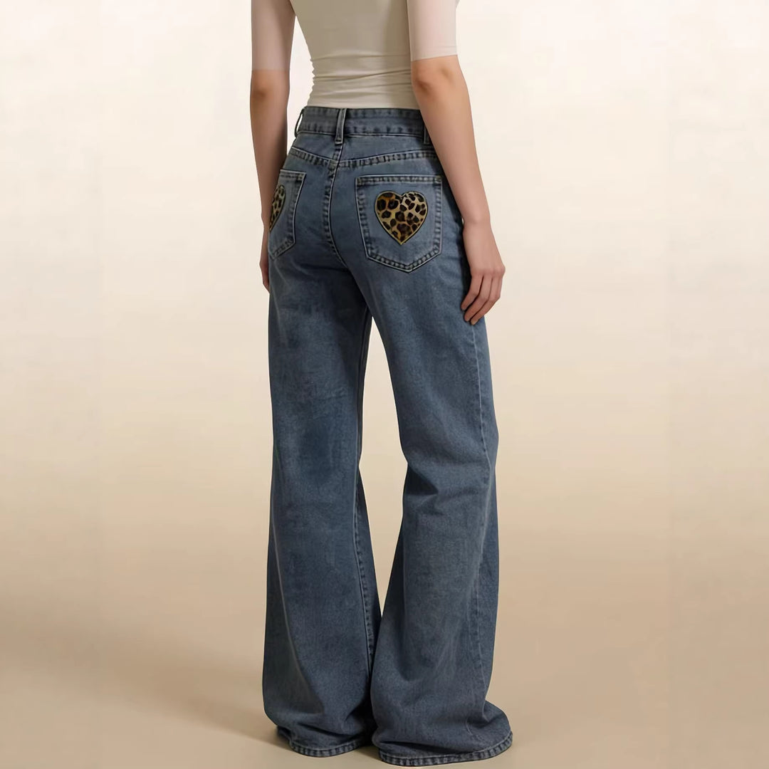 Dame Bred Høyt liv Jeans med spesielle søm detaljer Skjora