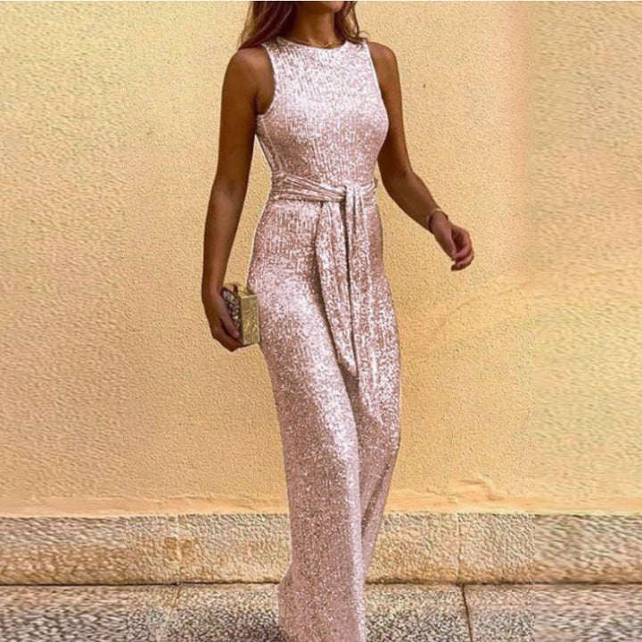 Dame Glamorous Maxi Kjole med Glitrende Paillettkant og Elegant Midjebånd